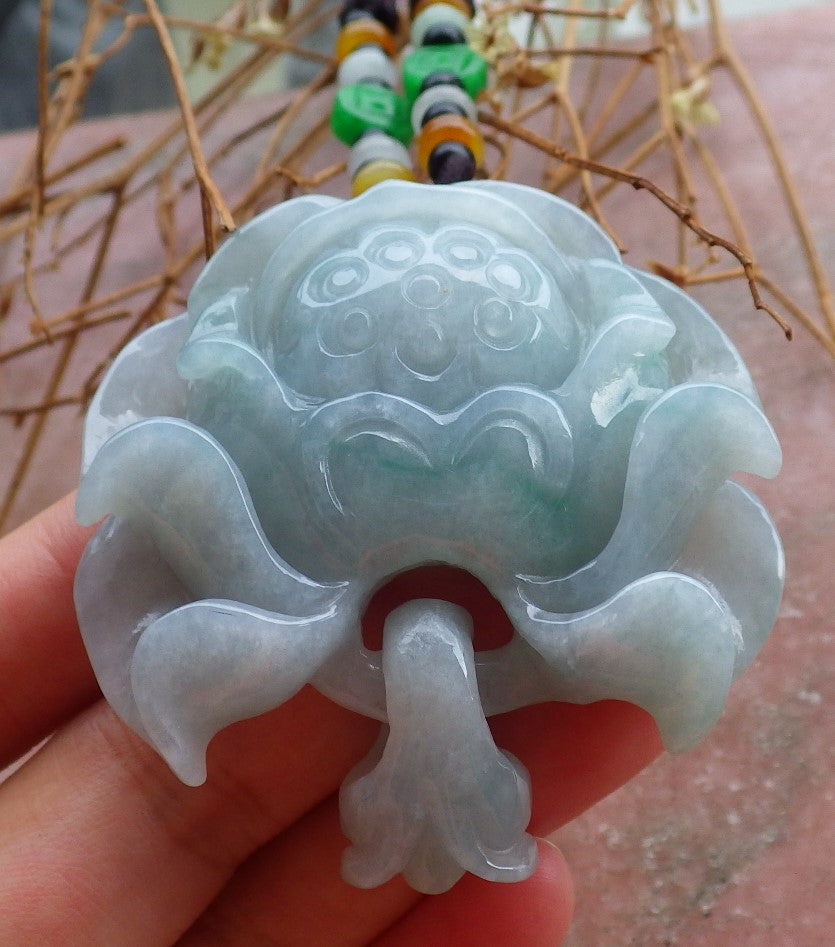 Certified Hand Carved Green Natural Myanmar Burma A Jade Jadeite Rose Flower Circle Ring Pendant Necklace