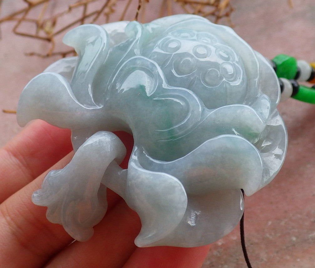 Certified Hand Carved Green Natural Myanmar Burma A Jade Jadeite Rose Flower Circle Ring Pendant Necklace