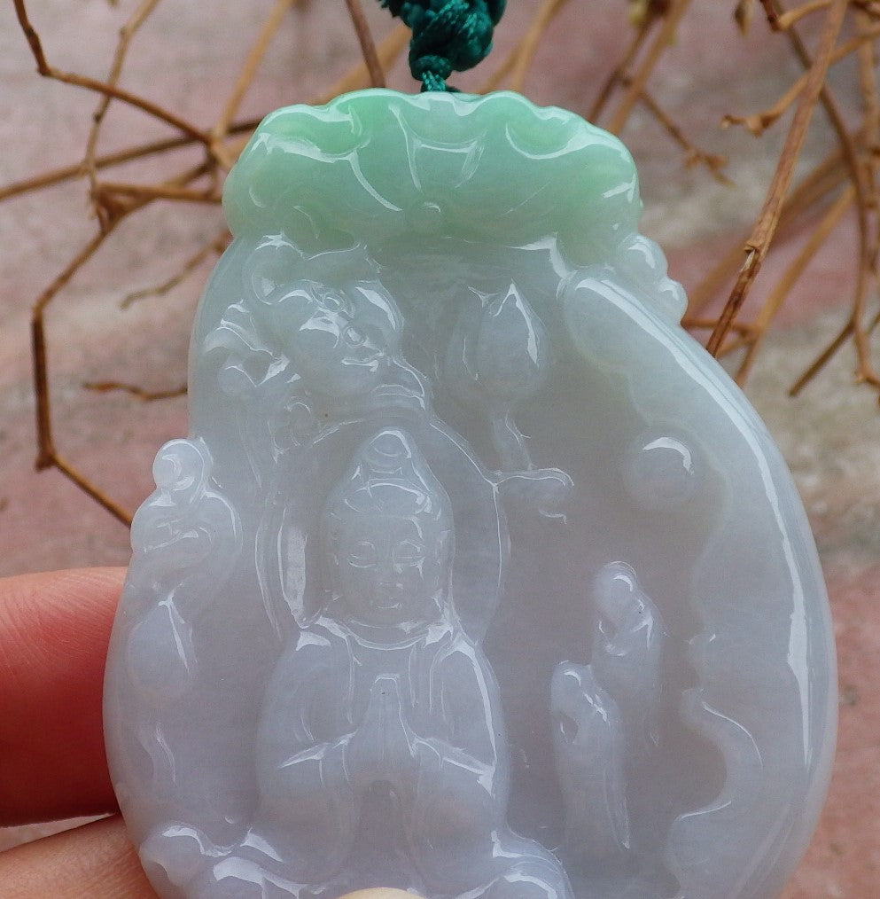 Certified Hand Carved Green Myanmar Burma Grade A Jade jadeite Guanyin Kwan Yin Pendant Necklace