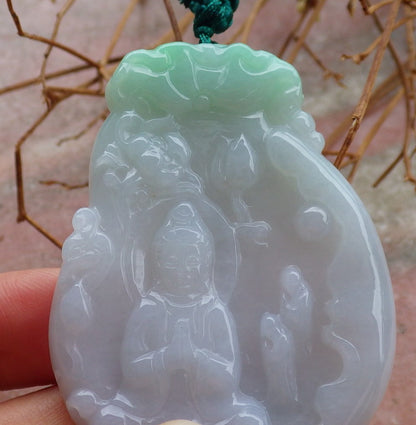 Certified Hand Carved Green Myanmar Burma Grade A Jade jadeite Guanyin Kwan Yin Pendant Necklace