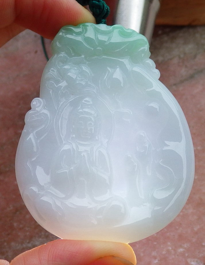 Certified Hand Carved Green Myanmar Burma Grade A Jade jadeite Guanyin Kwan Yin Pendant Necklace