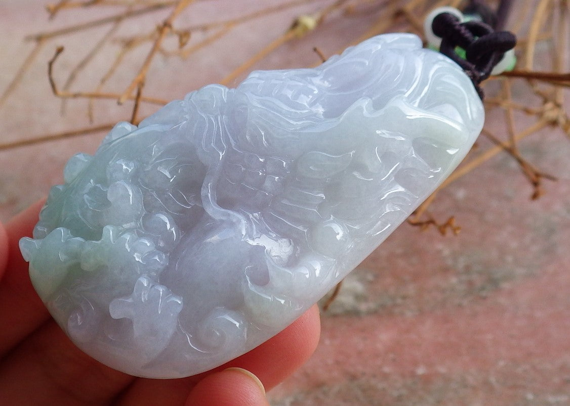 Certified Hand Carved Lavender Natural Myanmar Burma A Jade jadeite Dragon Bead Beads Pendant Necklace