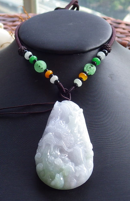 Certified Hand Carved Lavender Natural Myanmar Burma A Jade jadeite Dragon Bead Beads Pendant Necklace