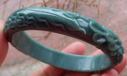 Certified Hand Carved Green 100% Natural Myanmar Burma A JADE Jadeite Phoenix Circle Bangle Bracelet 59mm