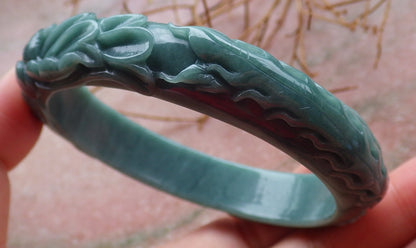 Certified Hand Carved Green 100% Natural Myanmar Burma A JADE Jadeite Phoenix Circle Bangle Bracelet 59mm