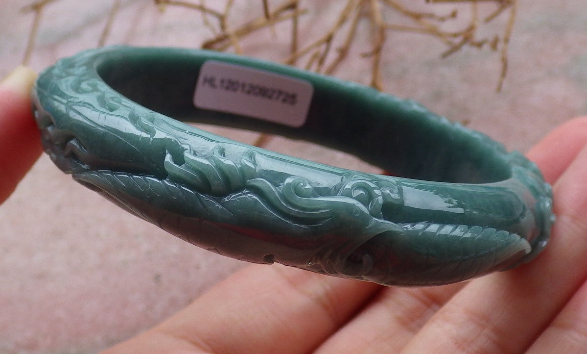 Certified Hand Carved Green 100% Natural Myanmar Burma A JADE Jadeite Phoenix Circle Bangle Bracelet 59mm