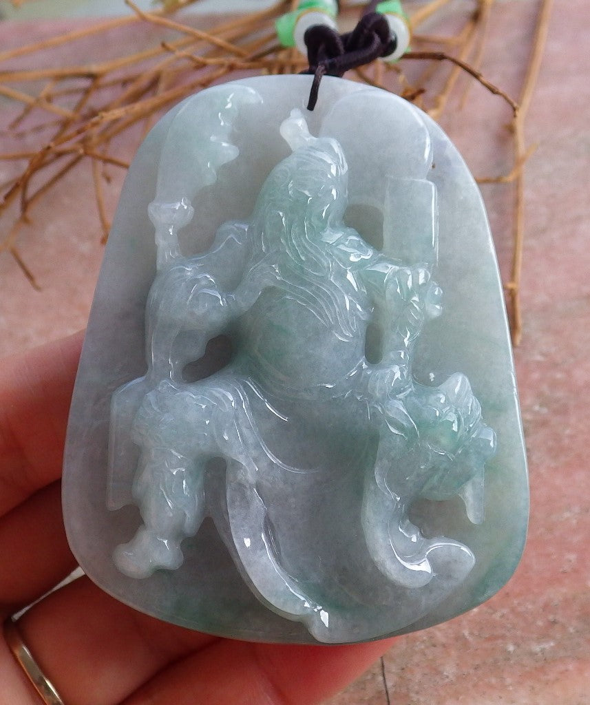 Certified Hand Carved Green Burma Natural Myanmar A Jade jadeite Guan Gong God Pendant Necklace