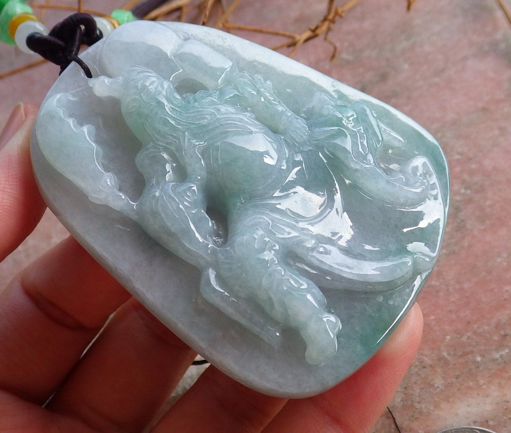 Certified Hand Carved Green Burma Natural Myanmar A Jade jadeite Guan Gong God Pendant Necklace