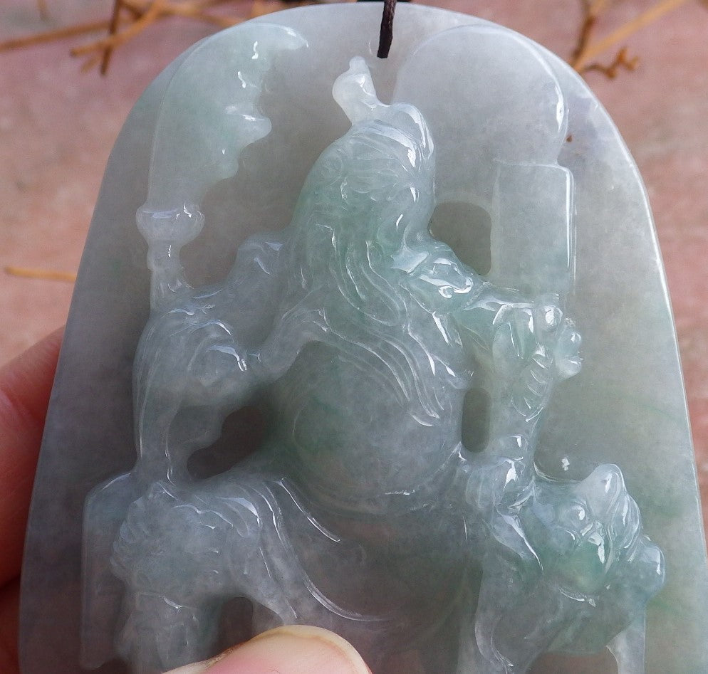 Certified Hand Carved Green Burma Natural Myanmar A Jade jadeite Guan Gong God Pendant Necklace