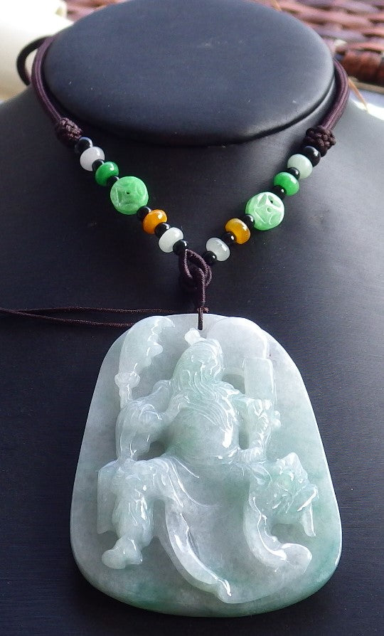 Certified Hand Carved Green Burma Natural Myanmar A Jade jadeite Guan Gong God Pendant Necklace