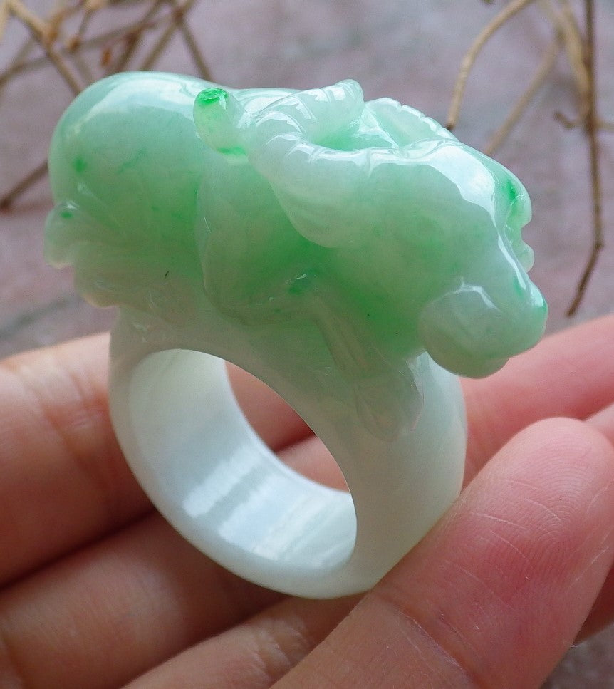 Certified Hand Carved Green Natural Myanmar Burma A Jade Jadeite Cow Ox Ring US 9.75