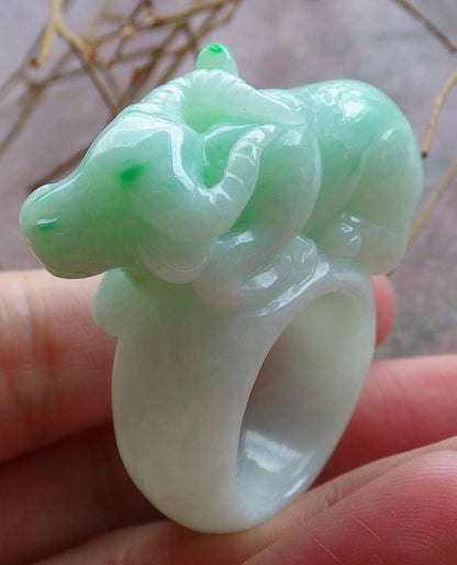 Certified Hand Carved Green Natural Myanmar Burma A Jade Jadeite Cow Ox Ring US 9.75