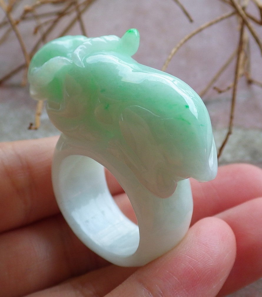 Certified Hand Carved Green Natural Myanmar Burma A Jade Jadeite Cow Ox Ring US 9.75