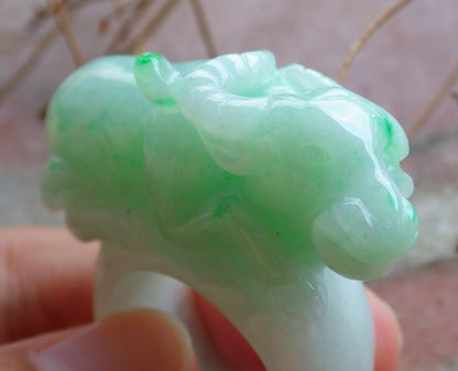 Certified Hand Carved Green Natural Myanmar Burma A Jade Jadeite Cow Ox Ring US 9.75