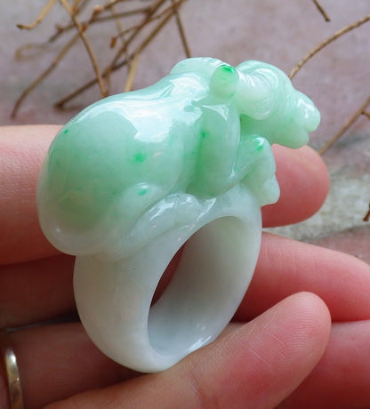 Certified Hand Carved Green Natural Myanmar Burma A Jade Jadeite Cow Ox Ring US 9.75