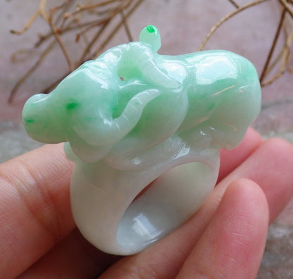 Certified Hand Carved Green Natural Myanmar Burma A Jade Jadeite Cow Ox Ring US 9.75