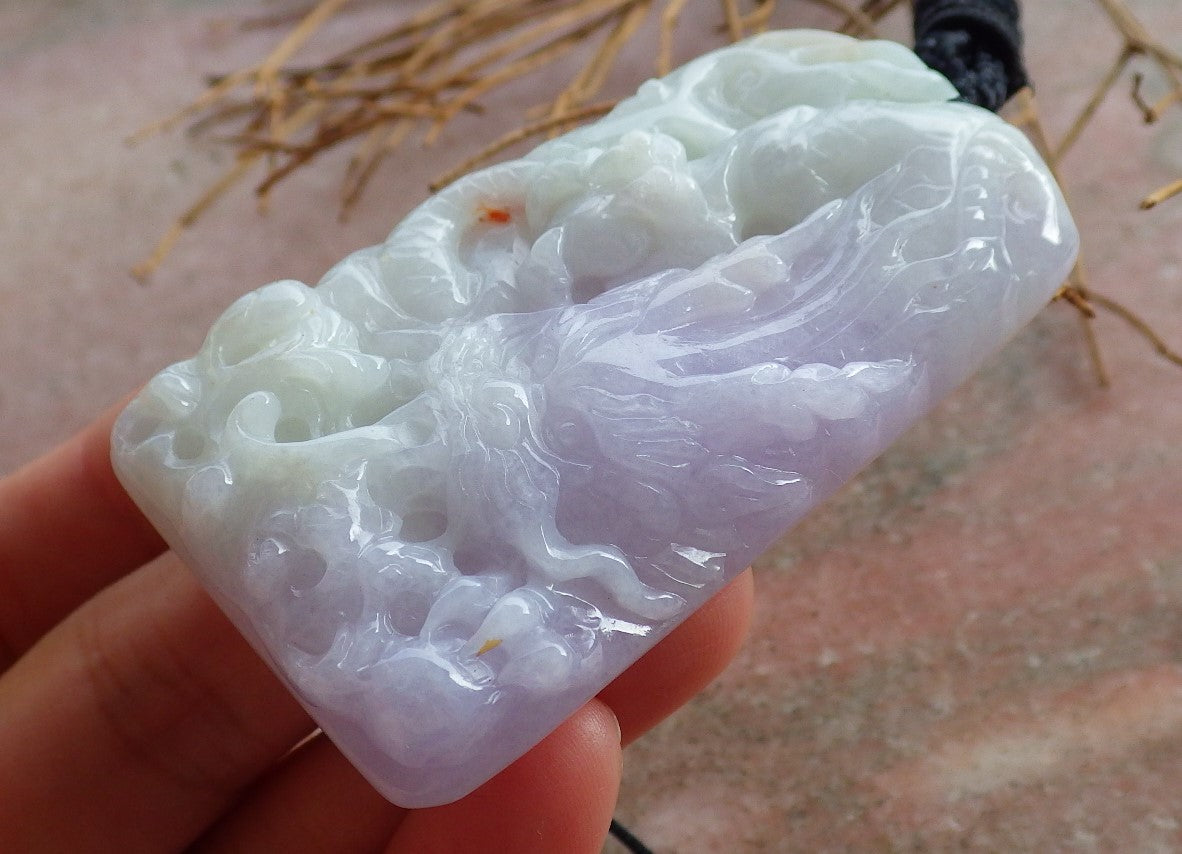 Certified Hand Carved Lavender Myanmar Burma Natural A Jade jadeite Dragon Bead Pendant Necklace