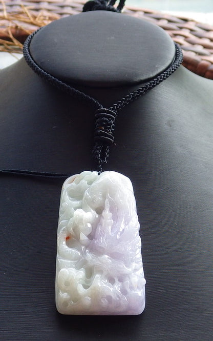 Certified Hand Carved Lavender Myanmar Burma Natural A Jade jadeite Dragon Bead Pendant Necklace