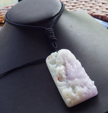 Certified Hand Carved Lavender Myanmar Burma Natural A Jade jadeite Dragon Bead Pendant Necklace