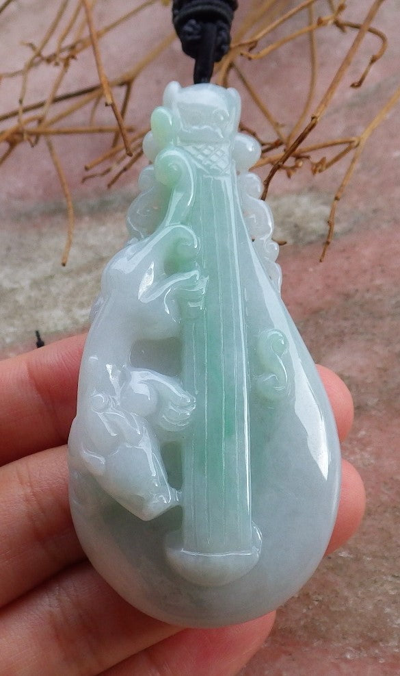 Certified Hand Carved Natural Myanmar Burma A Jade jadeite Dragon Pi Xiu Guitar Pendant Necklace