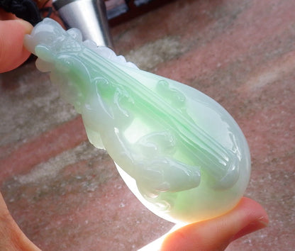 Certified Hand Carved Natural Myanmar Burma A Jade jadeite Dragon Pi Xiu Guitar Pendant Necklace