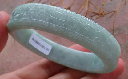 Certified Hand Carved Green Natural Myanmar Burma A JADE Jadeite Circle Flower Bangle Bracelet 59mm