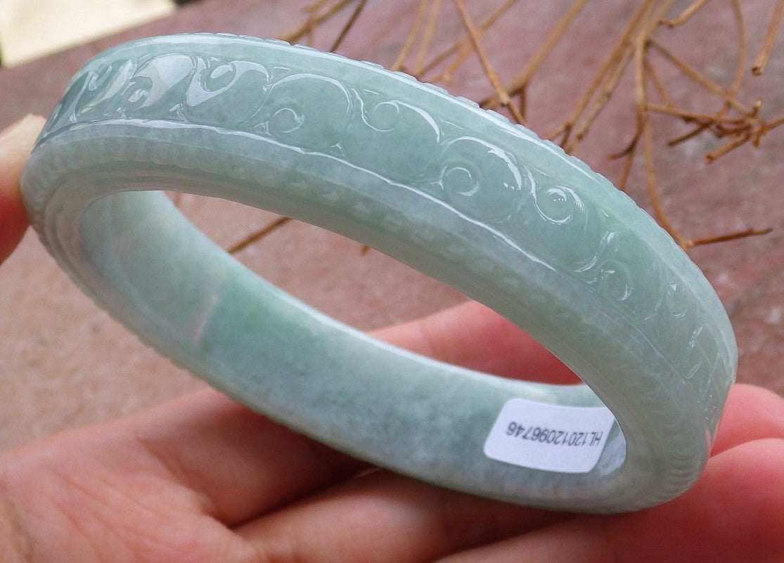 Certified Hand Carved Green Natural Myanmar Burma A JADE Jadeite Circle Flower Bangle Bracelet 59mm