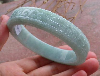 Certified Hand Carved Green Natural Myanmar Burma A JADE Jadeite Circle Flower Bangle Bracelet 59mm