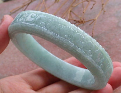 Certified Hand Carved Green Natural Myanmar Burma A JADE Jadeite Circle Flower Bangle Bracelet 59mm