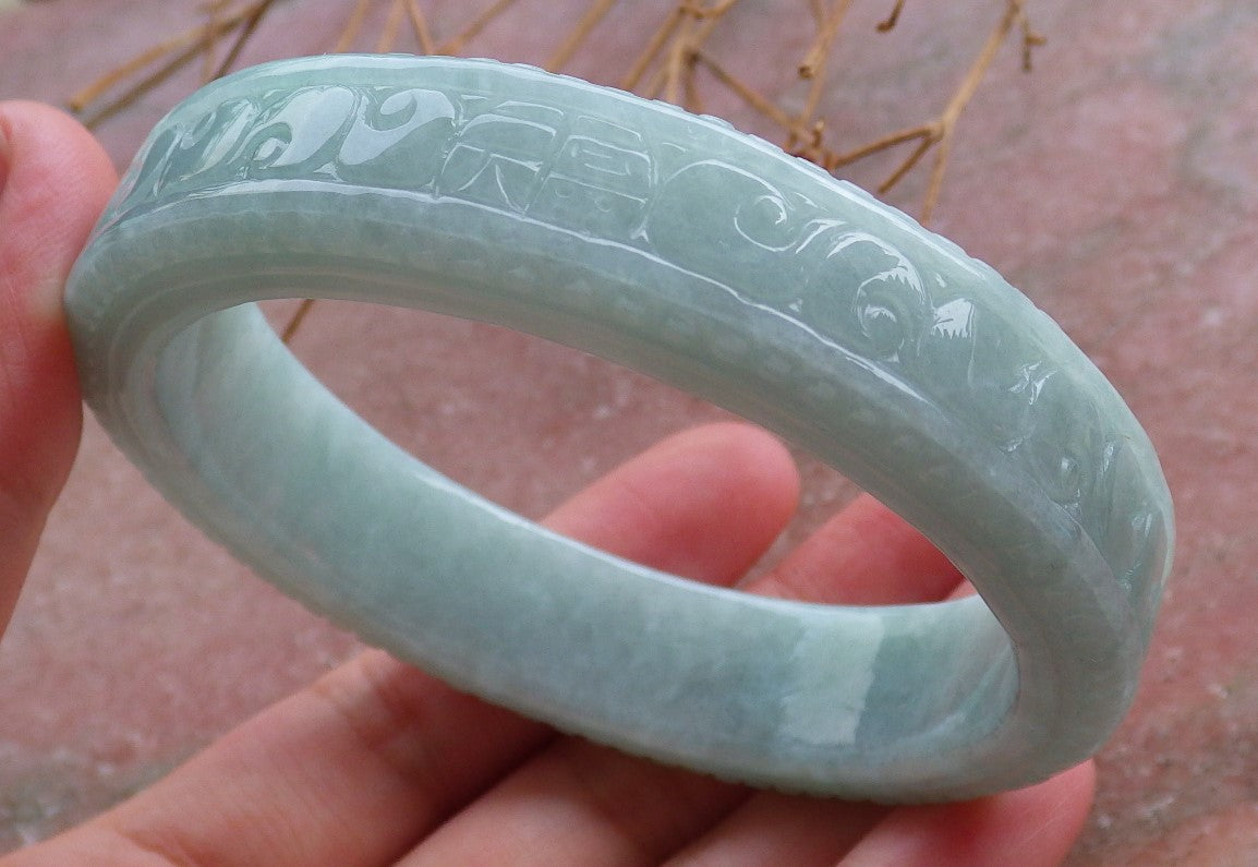 Certified Hand Carved Green Natural Myanmar Burma A JADE Jadeite Circle Flower Bangle Bracelet 59mm