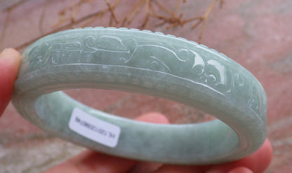 Certified Hand Carved Green Natural Myanmar Burma A JADE Jadeite Circle Flower Bangle Bracelet 59mm