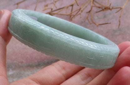 Certified Hand Carved Green Natural Myanmar Burma A JADE Jadeite Circle Flower Bangle Bracelet 59mm