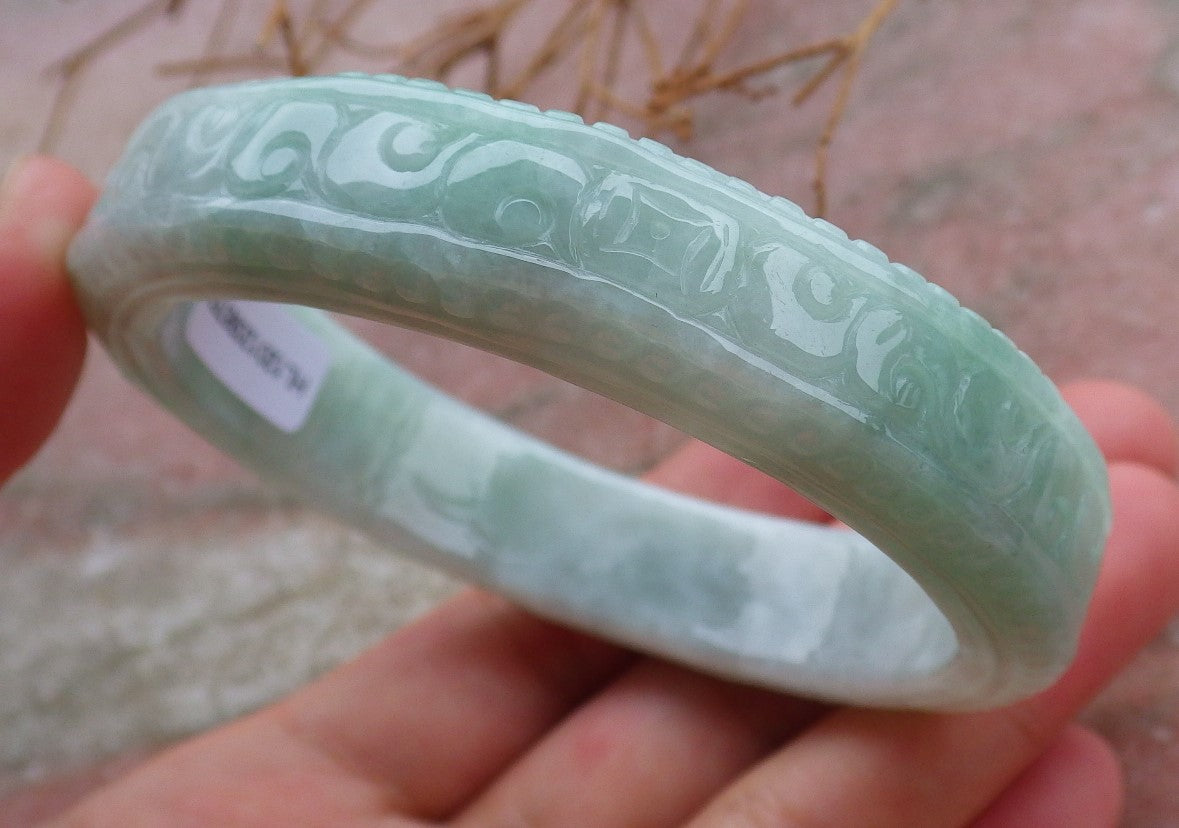 Certified Hand Carved Green Natural Myanmar Burma A JADE Jadeite Circle Ruyi Lucky Coin Bangle Bracelet 59mm