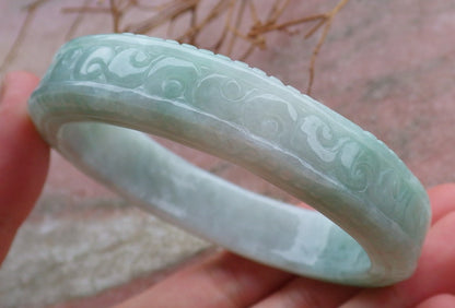 Certified Hand Carved Green Natural Myanmar Burma A JADE Jadeite Circle Ruyi Lucky Coin Bangle Bracelet 59mm