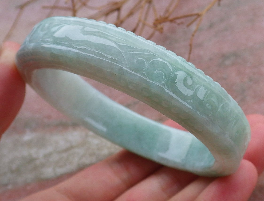 Certified Hand Carved Green Natural Myanmar Burma A JADE Jadeite Circle Ruyi Lucky Coin Bangle Bracelet 59mm