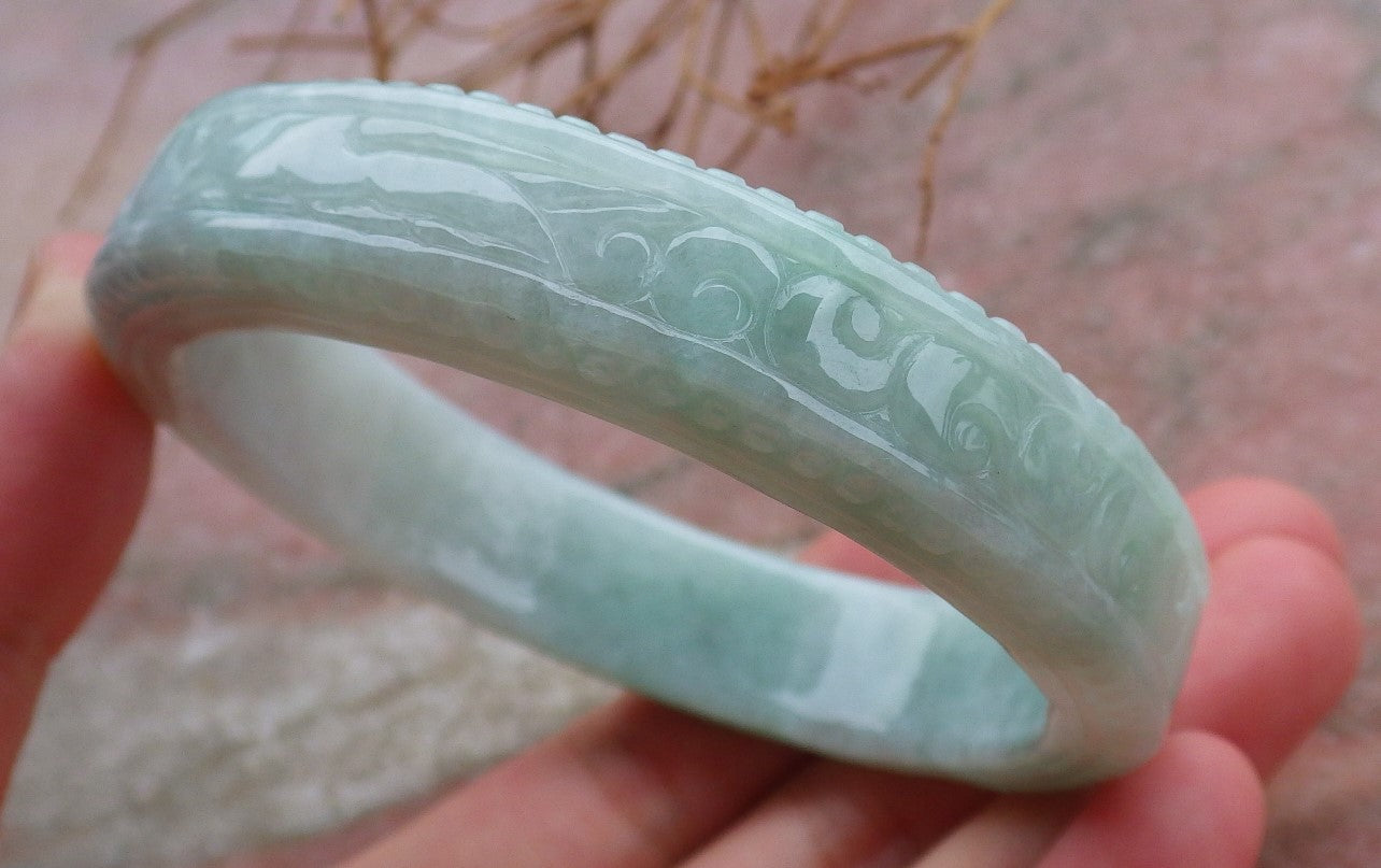 Certified Hand Carved Green Natural Myanmar Burma A JADE Jadeite Circle Ruyi Lucky Coin Bangle Bracelet 59mm