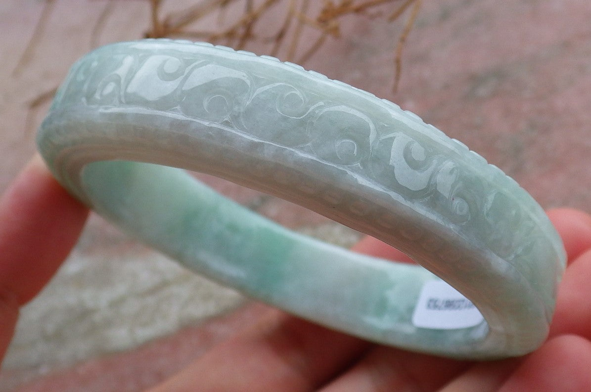 Certified Hand Carved Green Natural Myanmar Burma A JADE Jadeite Circle Ruyi Lucky Coin Bangle Bracelet 59mm