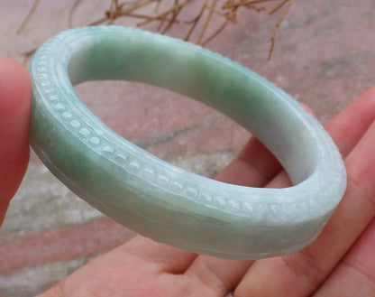 Certified Hand Carved Green Natural Myanmar Burma A JADE Jadeite Circle Ruyi Lucky Coin Bangle Bracelet 59mm