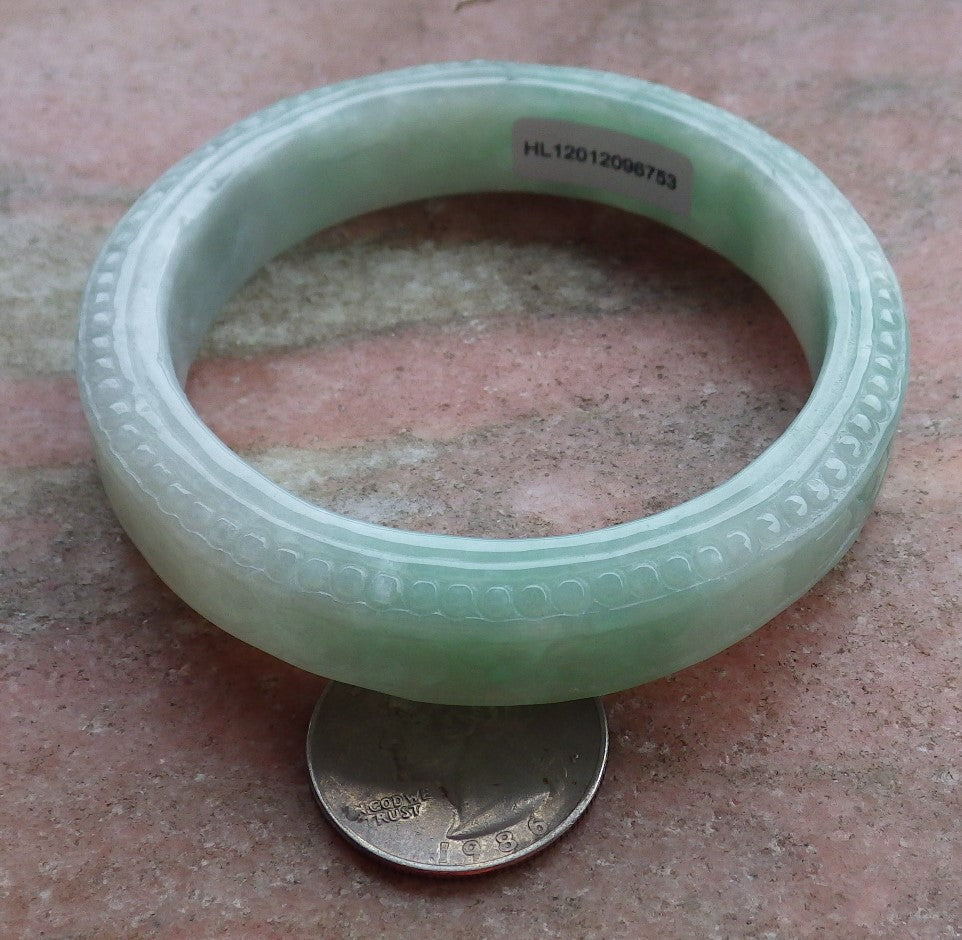 Certified Hand Carved Green Natural Myanmar Burma A JADE Jadeite Circle Ruyi Lucky Coin Bangle Bracelet 59mm