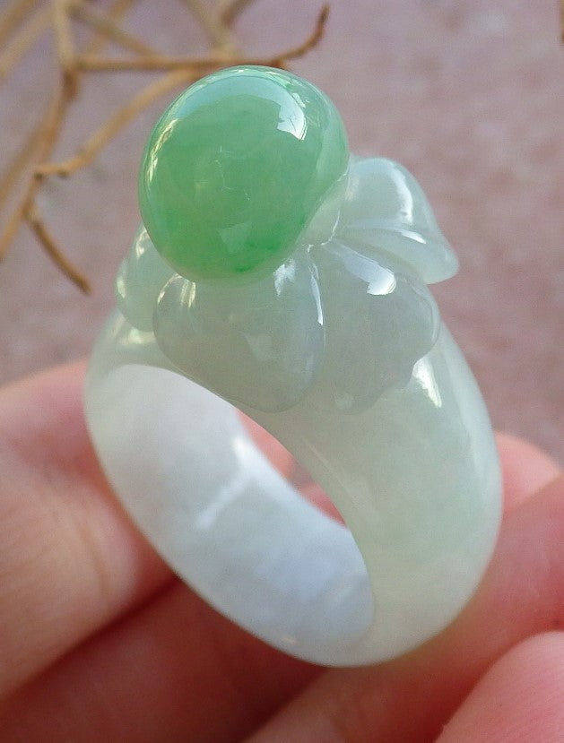 Certified Hand Carved Green Natural Myanmar Burma A Hand Carved JADE Jadeite Rose Flower US 7.5 Ring