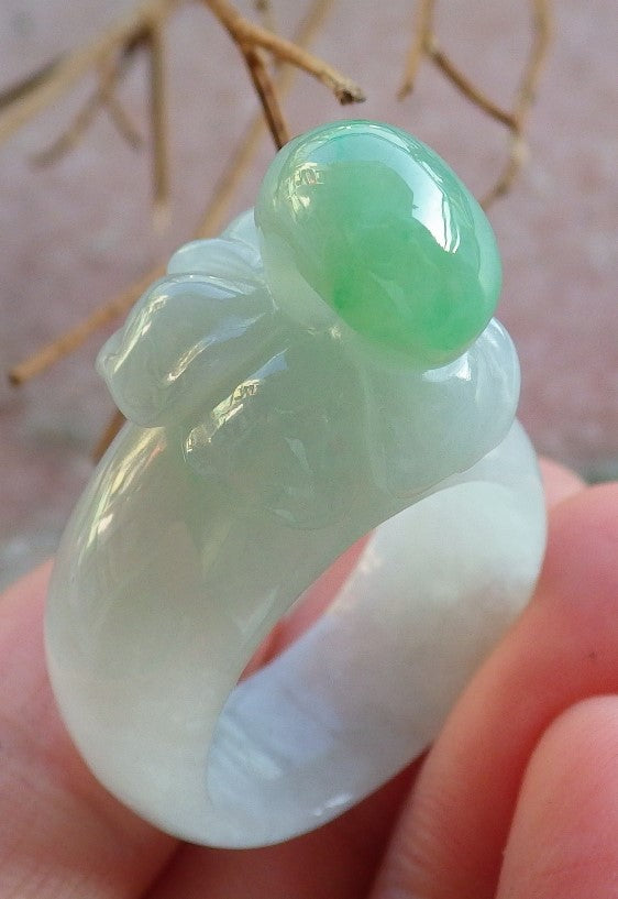 Certified Hand Carved Green Natural Myanmar Burma A Hand Carved JADE Jadeite Rose Flower US 7.5 Ring