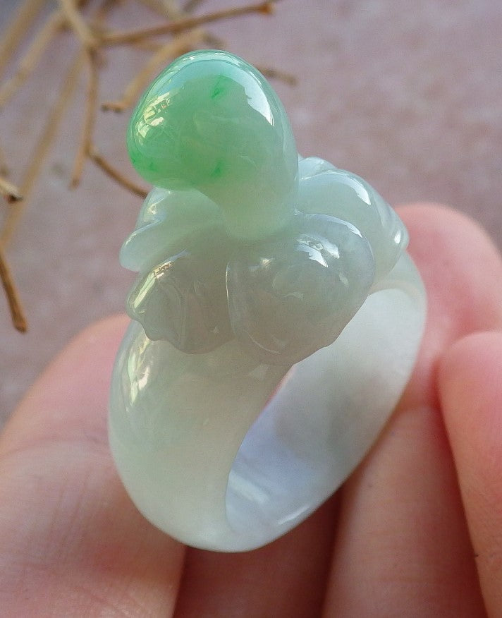 Certified Hand Carved Green Natural Myanmar Burma A Hand Carved JADE Jadeite Rose Flower US 7.5 Ring