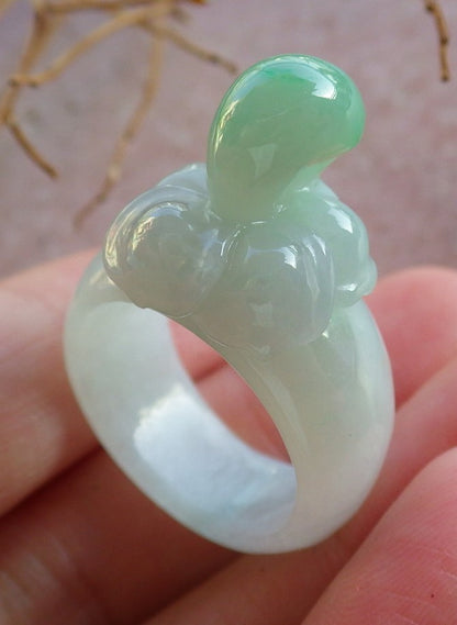 Certified Hand Carved Green Natural Myanmar Burma A Hand Carved JADE Jadeite Rose Flower US 7.5 Ring