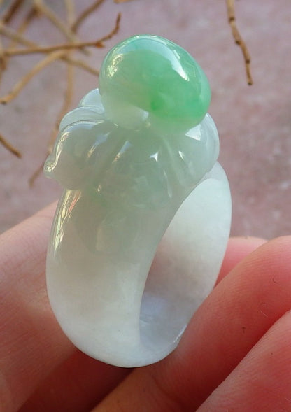 Certified Hand Carved Green Natural Myanmar Burma A Hand Carved JADE Jadeite Rose Flower US 7.5 Ring