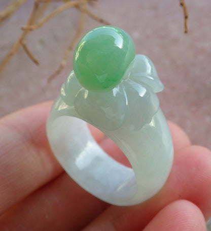 Certified Hand Carved Green Natural Myanmar Burma A Hand Carved JADE Jadeite Rose Flower US 7.5 Ring