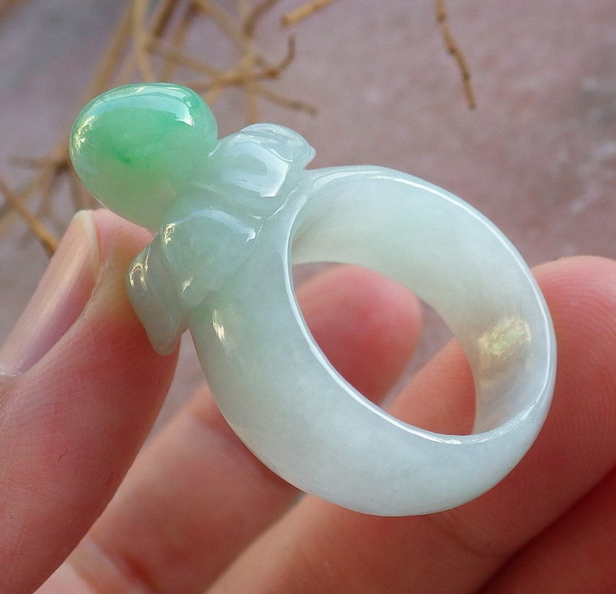 Certified Hand Carved Green Natural Myanmar Burma A Hand Carved JADE Jadeite Rose Flower US 7.5 Ring