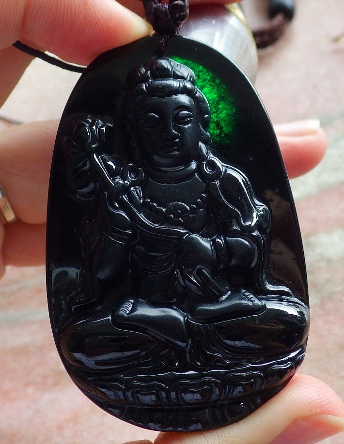 Certified Hand Carved Black Dark Green Natural Burma A Jade jadeite Guanyin Kwan Yin Pendant Necklace
