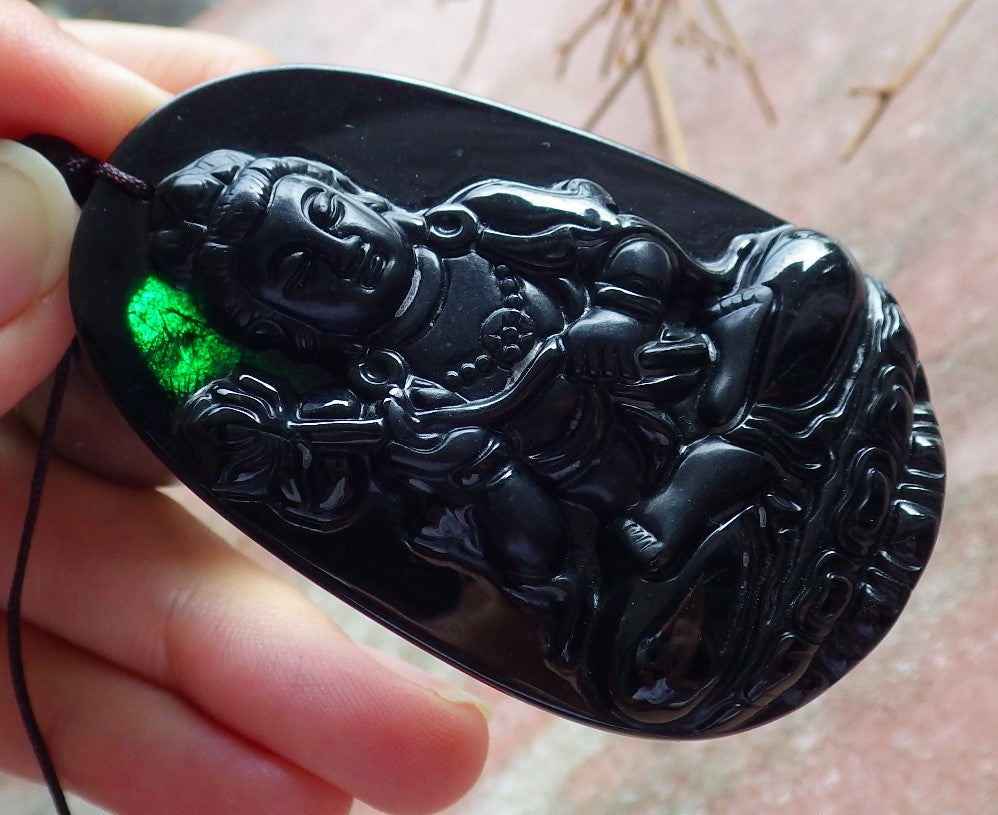 Certified Hand Carved Black Dark Green Natural Burma A Jade jadeite Guanyin Kwan Yin Pendant Necklace