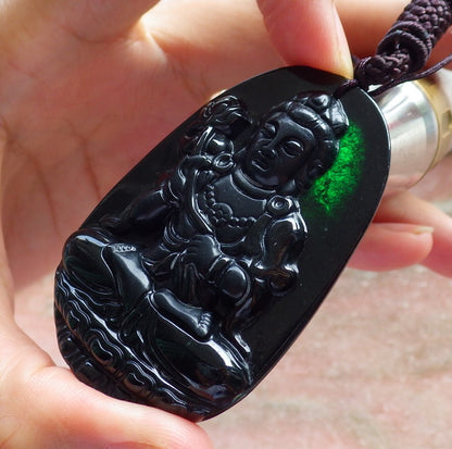 Certified Hand Carved Black Dark Green Natural Burma A Jade jadeite Guanyin Kwan Yin Pendant Necklace