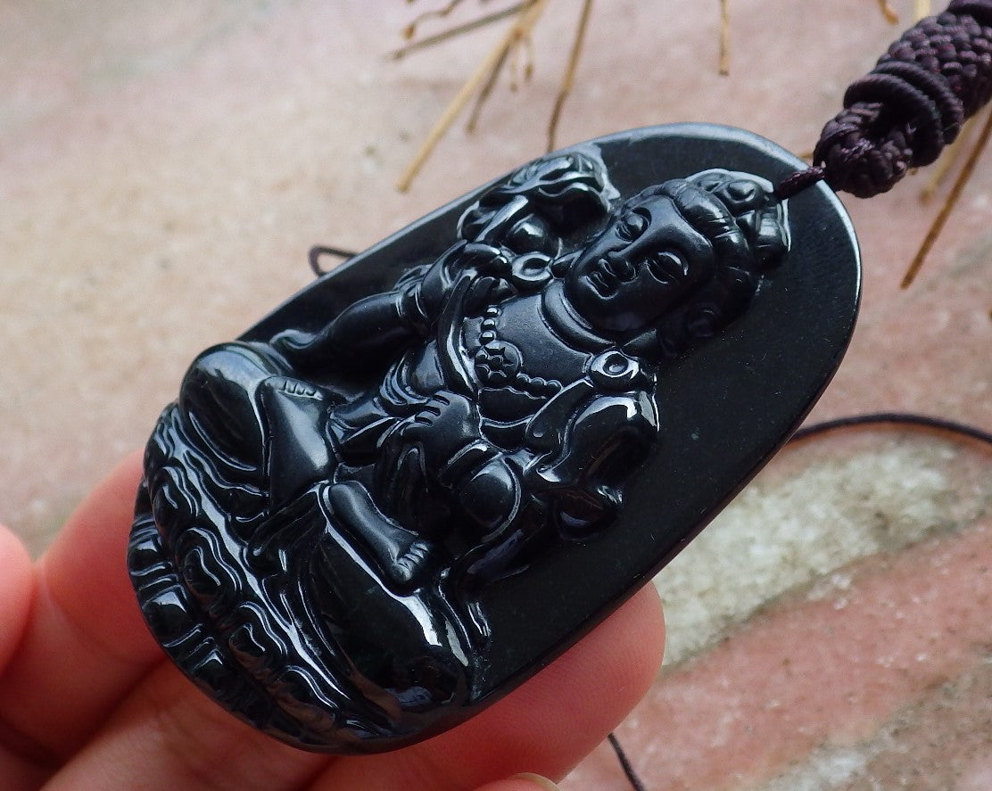 Certified Hand Carved Black Dark Green Natural Burma A Jade jadeite Guanyin Kwan Yin Pendant Necklace